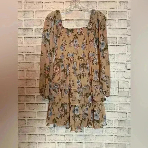 Madden NYC Dresses & Skirts - Madden NYC Beige & Blue Floral Long Sleeve Tiered Mini‎ Dress Size S
